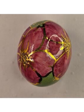 Vintage Hand Painted Lacquer Wood Egg Gold Gilt Raised Textured Flower Ornament